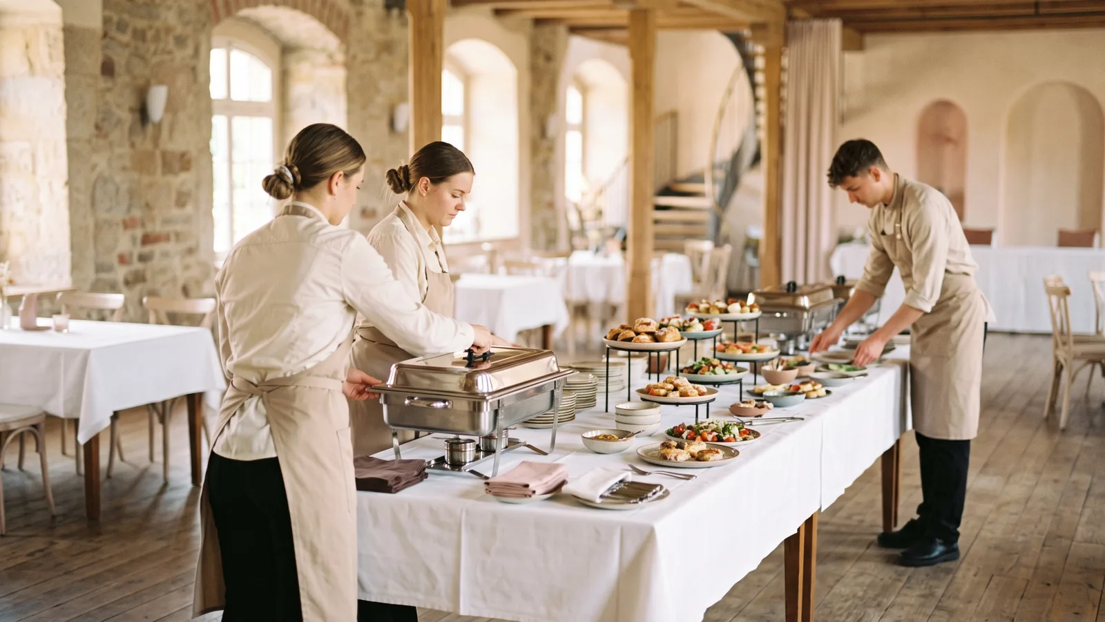 Ein Cateringteam baut ein Buffet in einem hellen Saal auf.