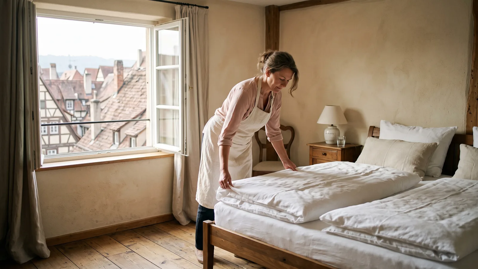 Die Inhaberin eines kleinen Hotels bezieht vor der Eröffnung ein Bett mit weißer Wäsche.