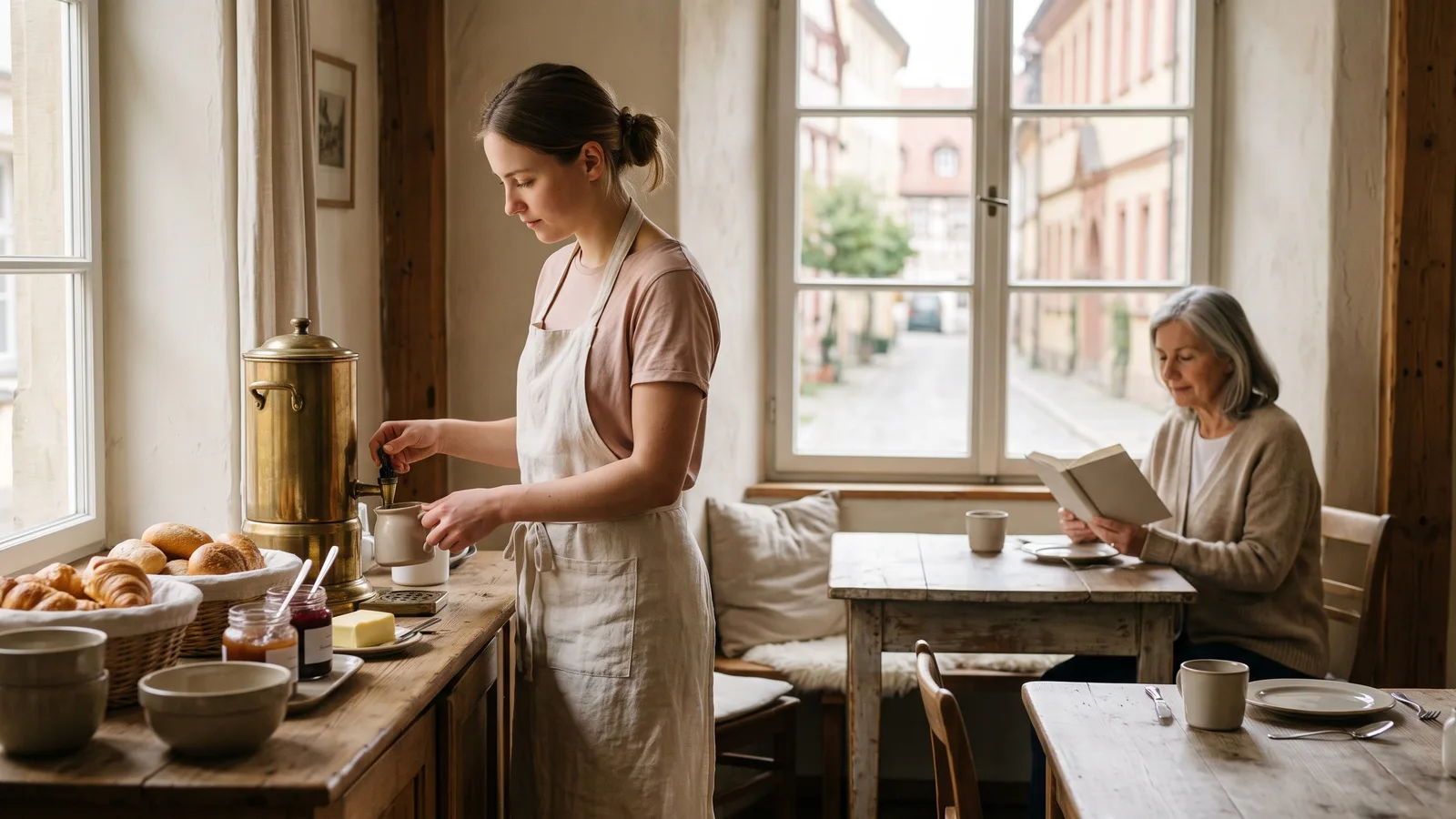 Frühstücksraum eines kleinen Hotels: Eine Mitarbeiterin füllt Kaffee nach, ein Gast liest am Fenster.
