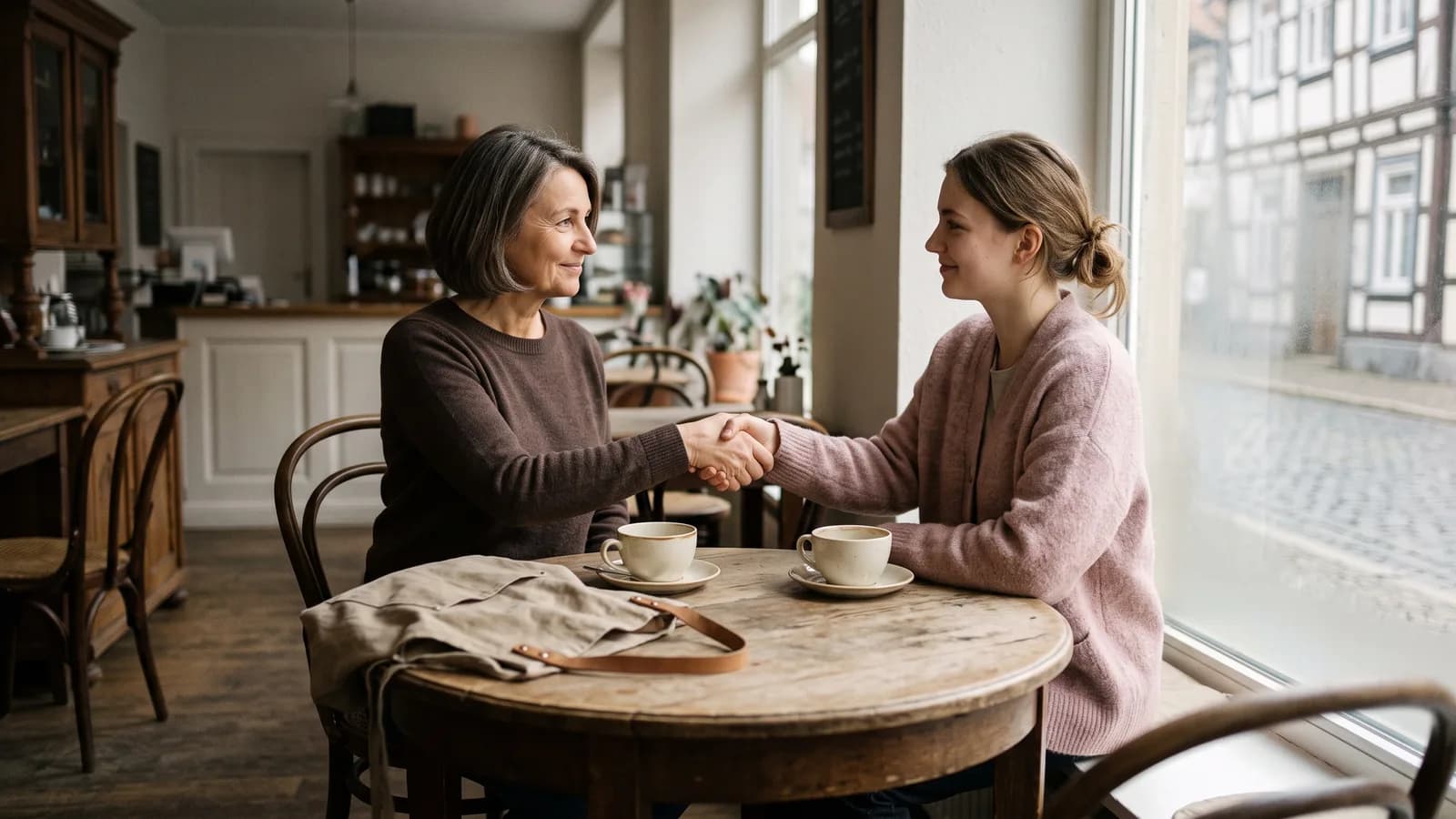 Nach dem Probearbeiten geben sich zwei Frauen am Cafétisch die Hand, eine Schürze liegt auf dem Stuhl.
