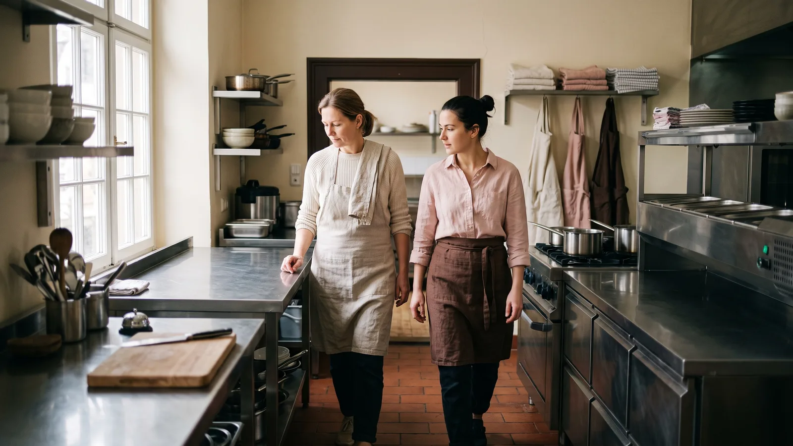 Zwei Frauen in Schürzen gehen vor der Eröffnung durch die übernommene Restaurantküche.